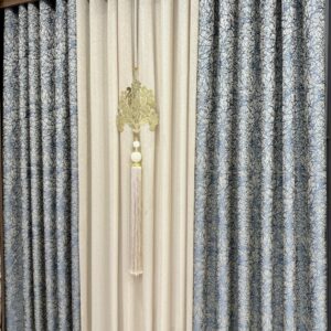 Rideau prêt à poser beige et bleu